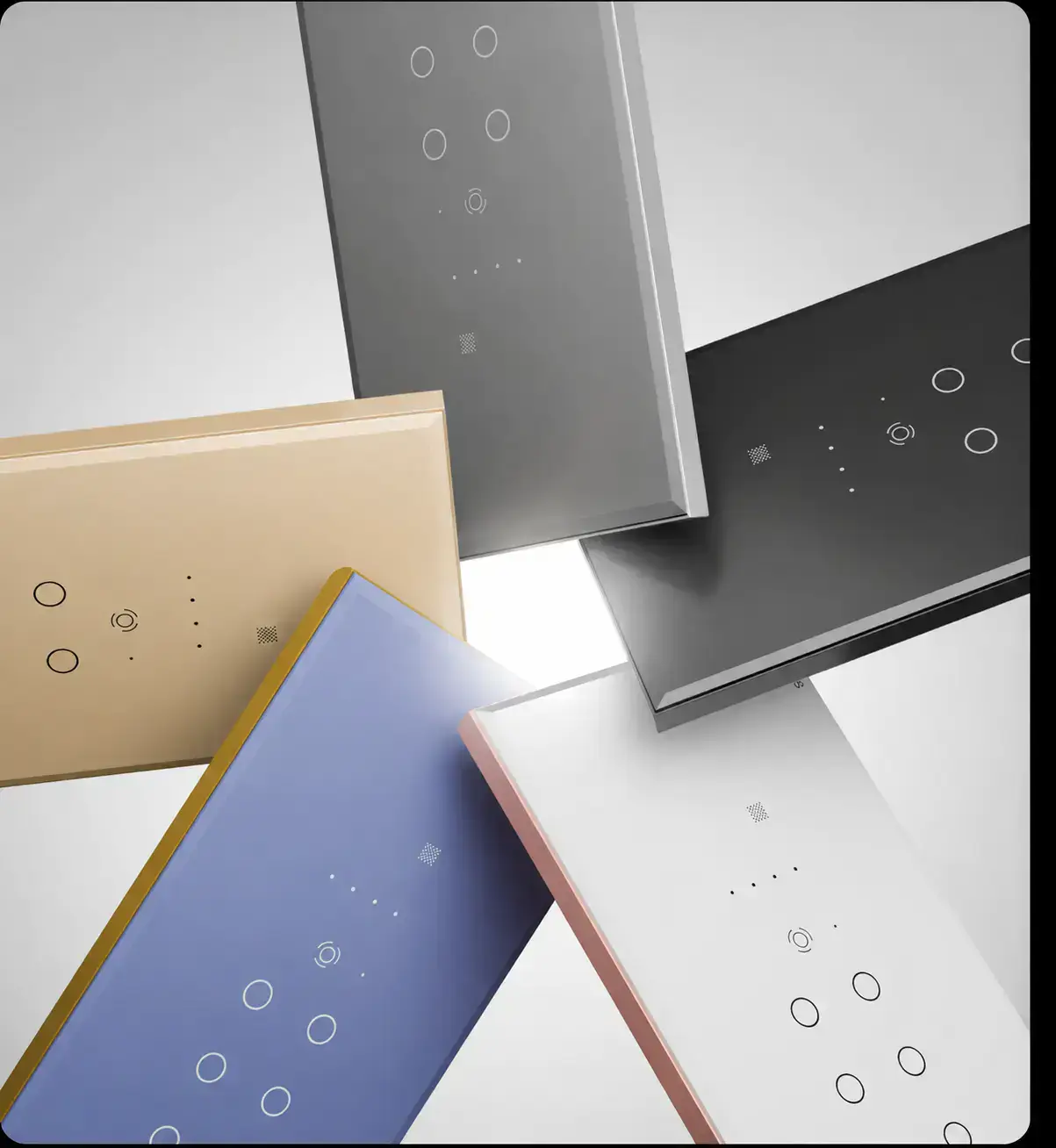 SmartLiv premium smart touch switches available in black, white, gold, grey, green and blue luxury glass finishes.