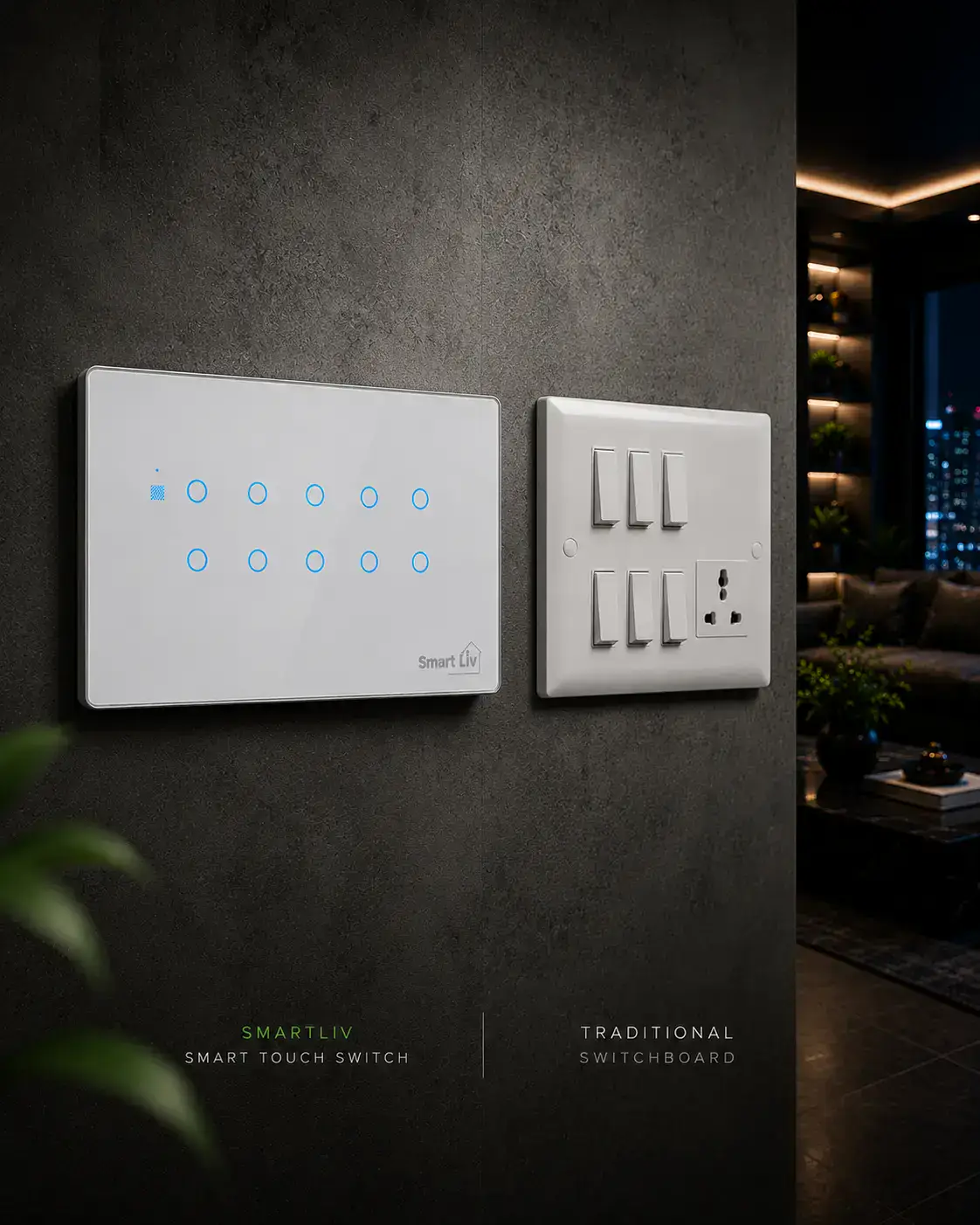 SmartLiv Smart Touch Switch compared with a traditional switchboard