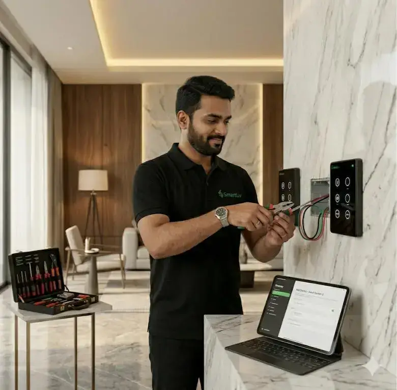 Professional SmartLiv technician installing premium smart home automation switches in a luxury residence.