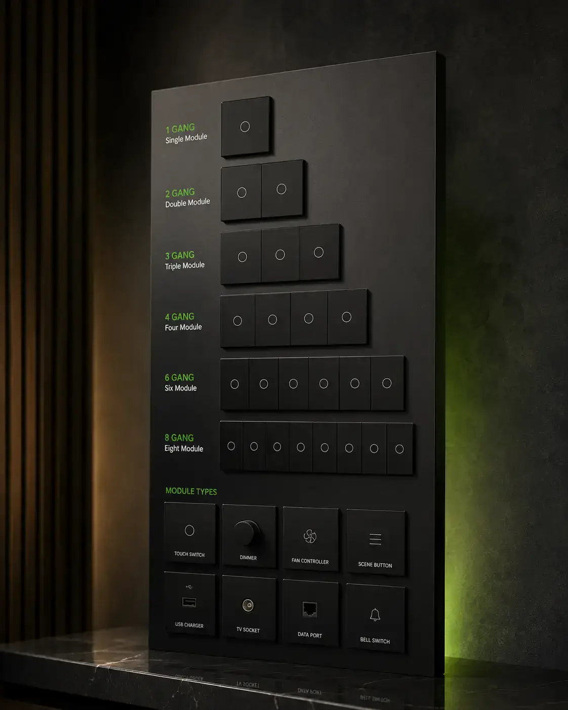 SmartLiv modular smart touch switch showing multiple switch, dimmer, USB charging and automation configurations.